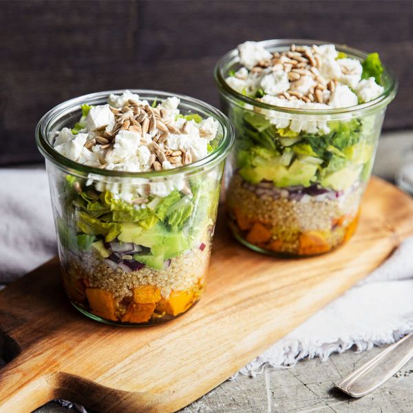 Layered Quinoa Salad with Sweet Potato and Feta Cheese in cute glass jars
