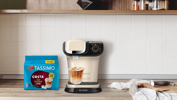 A Tassimo appliance with an iced coffee, in partnership with Costa