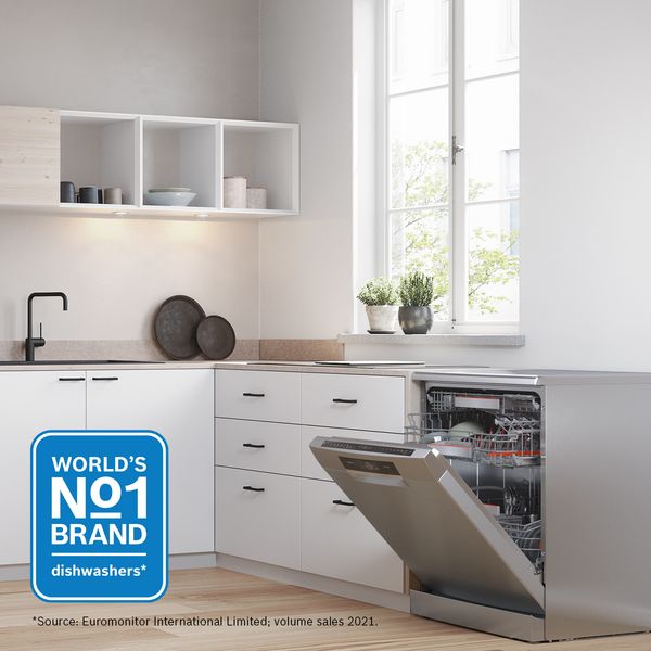 White spacious kitchen with multiple appliances and Europe's No1 logo in corner