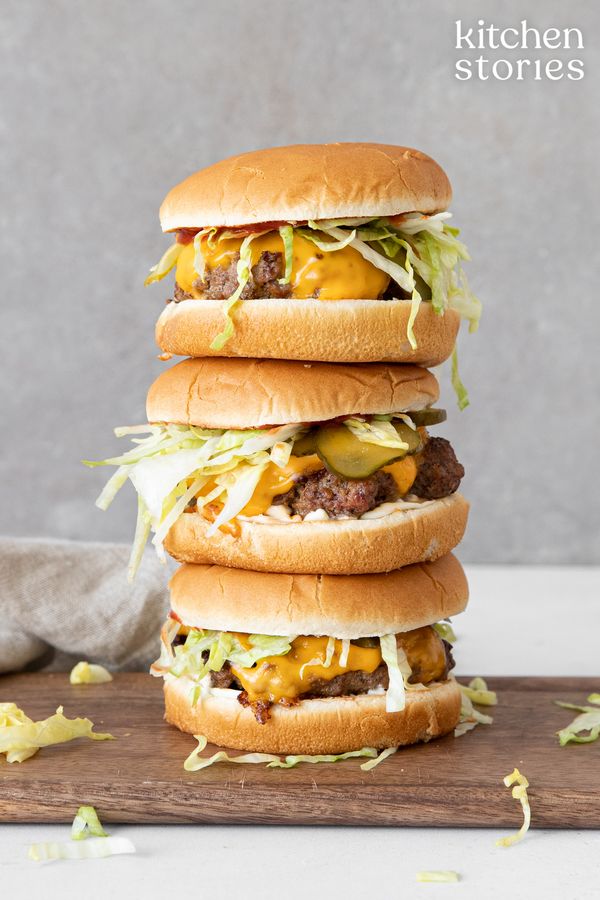 Smash burgers stacked on top of each other