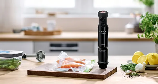 Bosch hand blender with vacuum set and salmon inside.