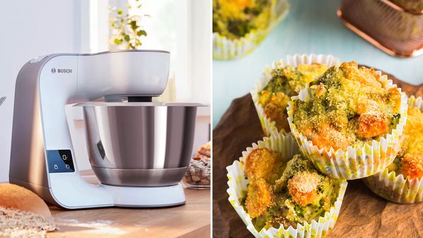 Cheese and broccoli muffins next to an image of a Bosch CreationLine Stand Mixer
