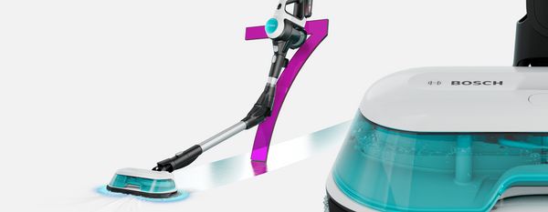 Bosch Unlimited 7 Pro Hygienic Aqua pystyssä valkoista taustaa vasten, hieman taivutettuna, ja sen vieressä 2-in-1 DynamicAqua -suulaken lähikuvana.