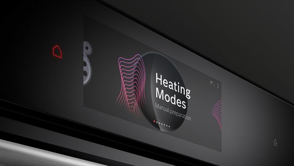 Hornos Serie 8. Enfoque de la pantalla táctil TFT TouchControl Pro mostrando el menú para la selección del modo de calentamiento.