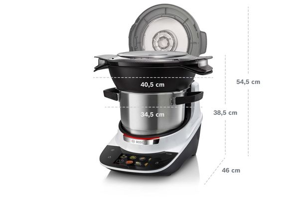 Cookit dimensions. Height: 38.5 cm with steaming attachment. Width: 34.5 cm with pot. 40.5 cm when using the steaming attachment. Depth: 46 cm.