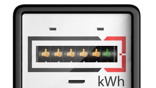 Een elektriciteitsmeter toont emoji's met duimen omhoog in plaats van cijfers om de energie-efficiëntie van de warmtepompdroger te symboliseren.