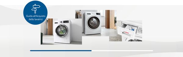 Icona segnaletica e tre diverse lavatrici per rappresentare la Guida all’acquisto