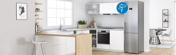 Moderne Küche mit Fokus auf einem Bosch Kühlschrank durch das Produktberater-Symbol