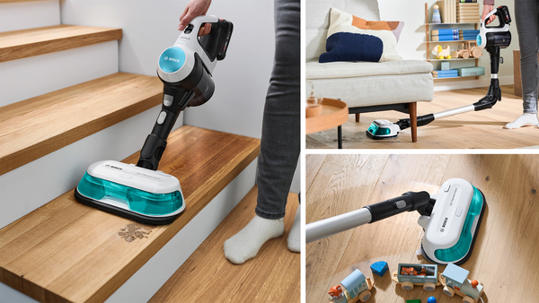 Bosch Unlimited 7 ProHygienic Aqua Akku-Staubsauger mit Wischfunktion reinigt Treppen, unter M&ouml;beln und Hartb&ouml;den dank knickbarem Saugrohr und flexibler Wischd&uuml;se.