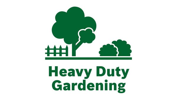 Schemenhafte Darstellung von Bäumen und Sträuchern in grün mit Schriftzug Heavy Duty Gardening.