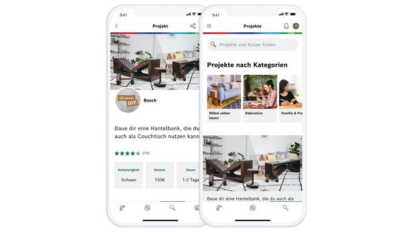 Smartphone-Bildschirm, der Inspirationen und Anleitungen zu Projektideen für Haus und Garten in der Bosch DIY App zeigt.