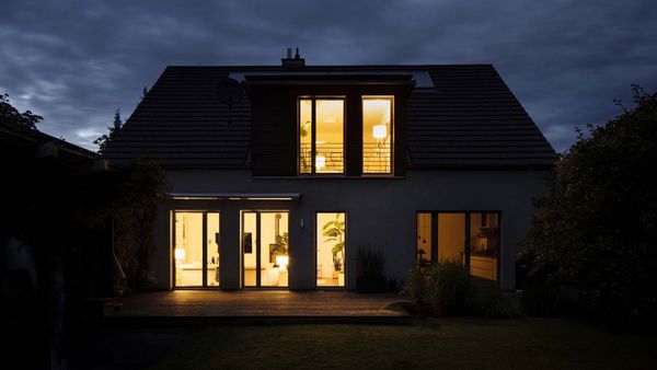 Ein Haus in der Abenddämmerung, dessen große Fenster den hell beleuchteten Innenraum zeigen.