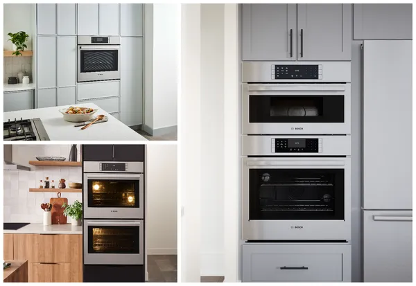 Attractive Bosch oven, espresso machine and microwave integrated into a wall.