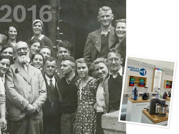 Ein historisches Gruppenphoto mit Robert Bosch und 15 Mitarbeiter*innen liegt im Hintergrund. Im Vordergrund ist ein Bild aus einem modernen Showroom in dem Bosch Kleingeräte ausgestellt zu sehen sind.