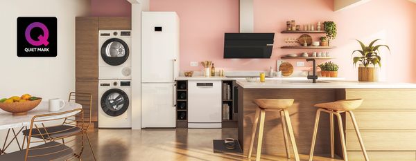 Modern kitchen with appliances, shelves, plants, and wooden furniture in a bright, pastel-coloured room.