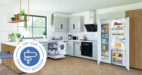 Kitchen with multiple appliances and product advisor icon overlay