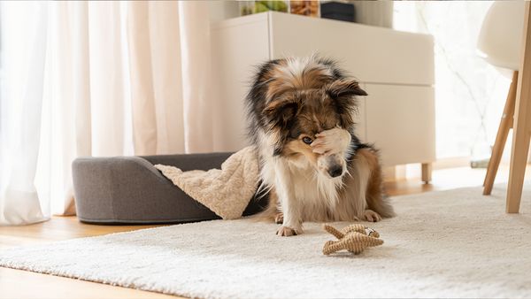A cat stands on rug in front of a couch with a pet toy in the background.
