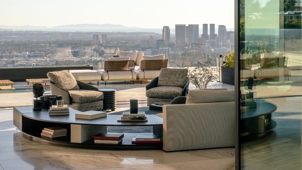 Lounge area of luxury Beverly Hills home with views towards Los Angeles 