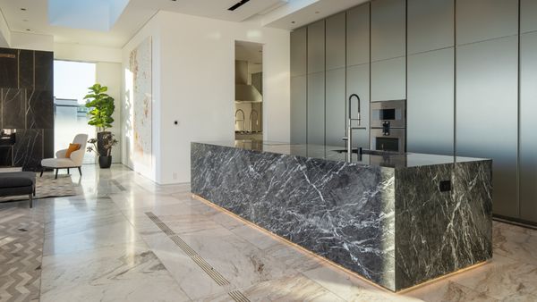 Kitchen area of luxury Beverly Hills home with fitted with Gaggenau appliances