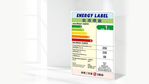 New energy label for appliances showing the efficiency rating B. 