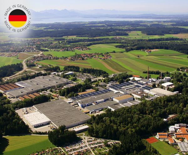 Das Bosch Werk in Traunreut aus der Vogelperspektive; Made in Germany Logo