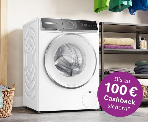 EXCLUSIV Waschmaschine von Bosch; Aktions-Logo: Bis zu 100 € Cashback sichern