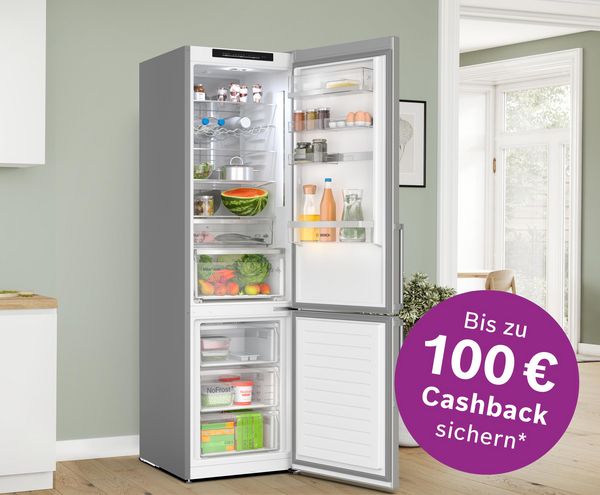 EXCLUSIV Kühl- und Gefrier-Kombination von Bosch; Aktions-Logo: Bis zu 100 € Cashback sichern
