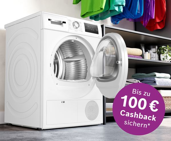 EXCLUSIV Waschtrockner von Bosch; Aktions-Logo: Bis zu 100 € Cashback sichern