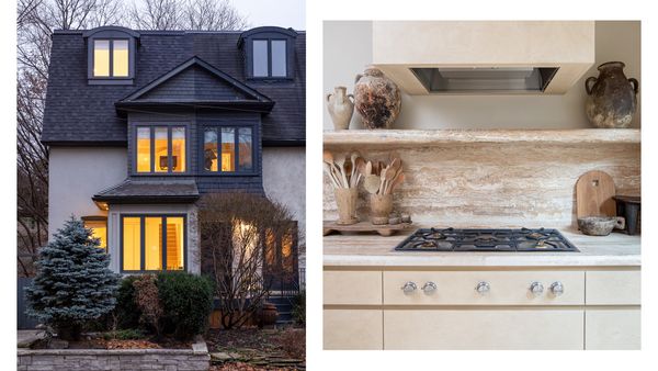 Collage containing exterior of the Toronto home, along with a from view of the Gaggenau kitchen appliances