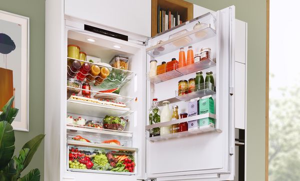 Geöffneter integrierter XXL Kühlschrank mit Gefrierfach ohne Inhalt.