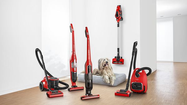 Diverse modele de aspiratoare ProAnimal de culoare roşie sunt dispuse într-o încăpere şi un câine este aşezat pe un pat de lângă acestea.