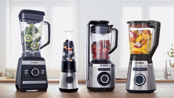 Line up of the four BOSCH blenders on a kitchen worktop.