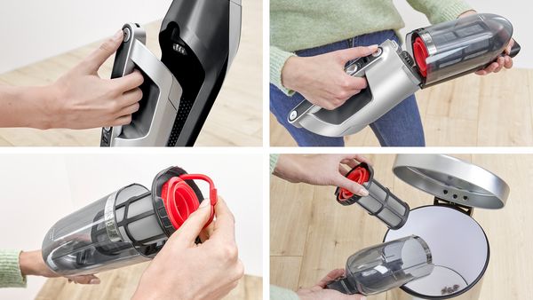 Four images show how the dust box is easily removed from a 2in1 vacuum and the contents emptied into a bin.