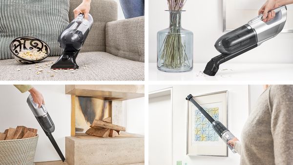Four images show a handheld vaccum cleaning upholstery, crumbs on a table, in a tight corner and above a picture frame.