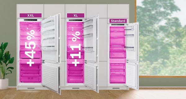 Vista comparativa de los tres modelos de frigoríficos integrados en tamaño XXL, XL y estándar. La versión XXL tiene una superposición gráfica de +45 %, la versión XL tiene una superposición gráfica de +11 %.