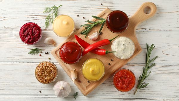 A selection of dips and sauces in small jars on a wooden chopping board.