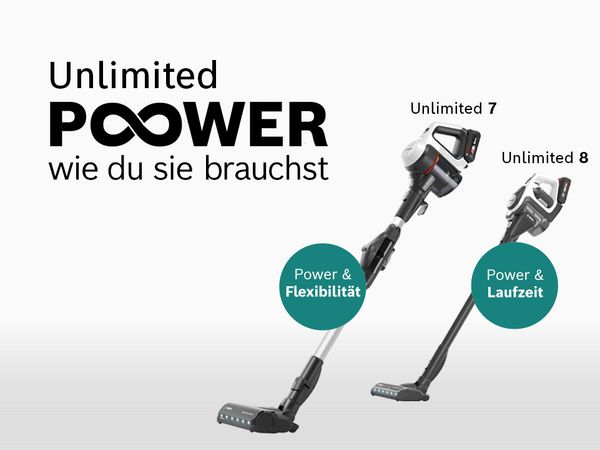 Wähle den optimalen Akku-Staubsauger für dich: Unlimited 7 für Power und Flexibilität oder Unlimited 8 für Power und extra lange Laufzeit.