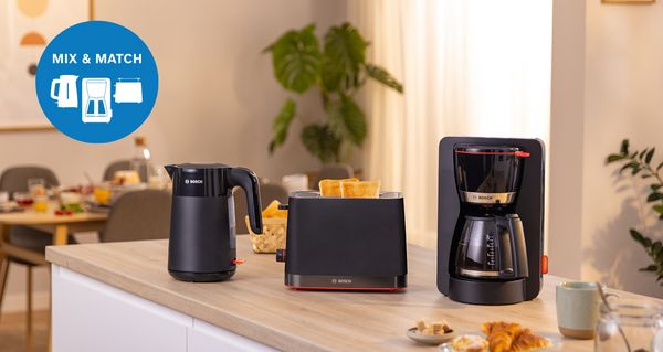 MyMoment kettle, toaster and coffee machine on kitchen counter.