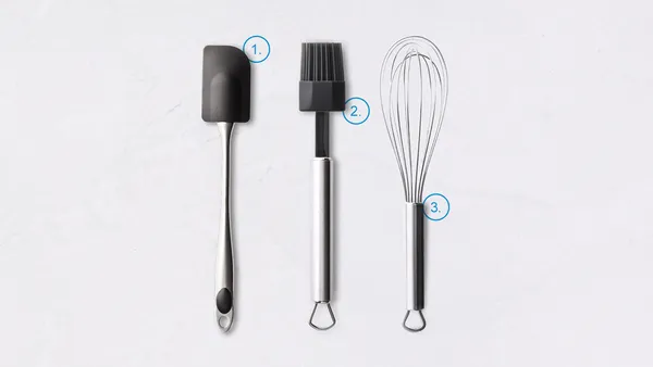 A dough scraper, silicone brush and whisk numbered 1 to 3.