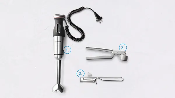 A hand blender, vegetable peeler and garlic press numbered 1 to 3.