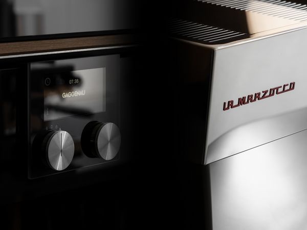 Collage showing a Gaggenau oven display and a La Marzocco coffee machine