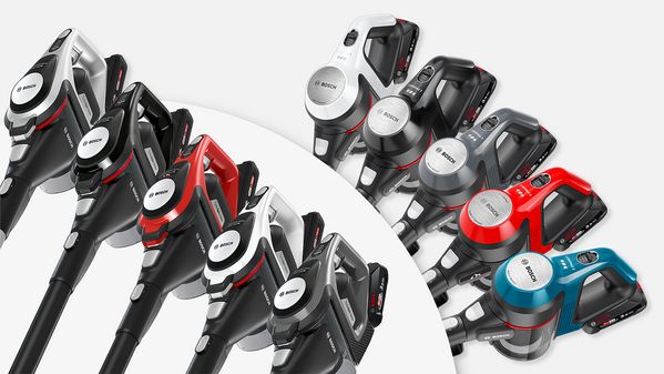 Bosch Unlimited Akku-Staubsauger sind in verschiedenen Farben nebeneinander abgebildet.
