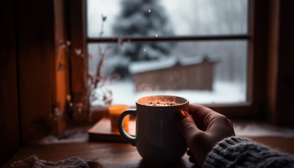 Osoba dotyka kubek ciepłej kawy na tle zimowego krajobrazu za oknem