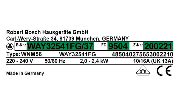 Type plate with E-Nr., FD and Z-Nr. marked in green.