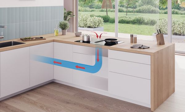 Køkkenlayout med skematisk repræsentation af Bosch fladt kanalsystem med udsugning.