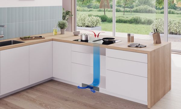 Køkkenlayout med skematisk repræsentation af Bosch fladt kanalsystem med recirkulation.