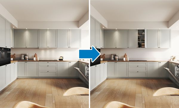 Klasikinio virtuvės išplanavimo su virš kaitlentės įleistu garų rinktuvu vaizdas.