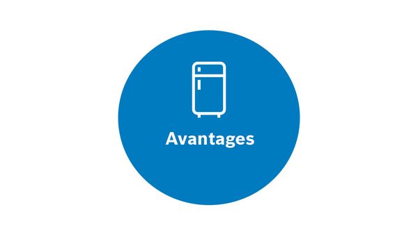 Icône circulaire bleue avec un symbole de réfrigérateur et le texte "Avantages" (Avantages).