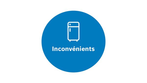 Icône circulaire bleue avec un symbole de réfrigérateur et le mot français "Inconvénients" signifiant "Inconvenances".