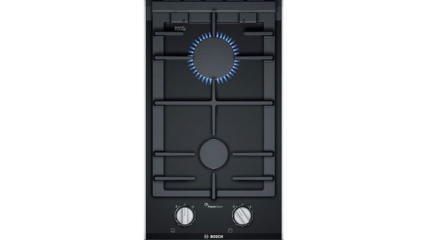 A Bosch 30cm black gas hob with a ruler below illustrating the size.